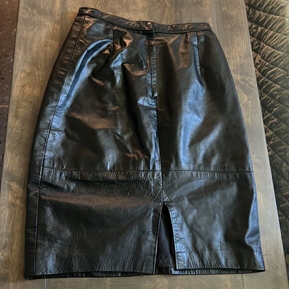 Vintage Comint Black Genuine Leather Skirt Sz- - Picture 2 of 13